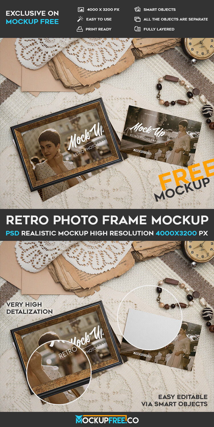 Mockup of Top View of a Retro Photo Frame and a Photo preview