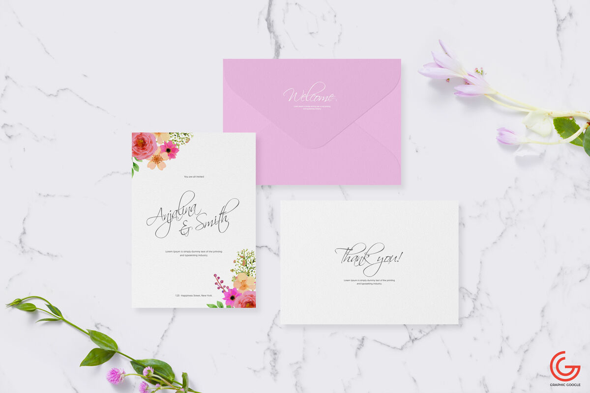 Mockup of Minimal Invitation Cards and Envelope Laid in Top View preview