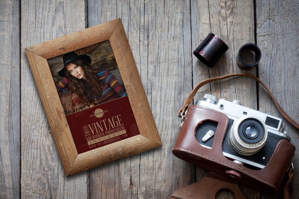 Retro Vintage Wooden Photo Frame Laying on Wooden Floor Mockup preview