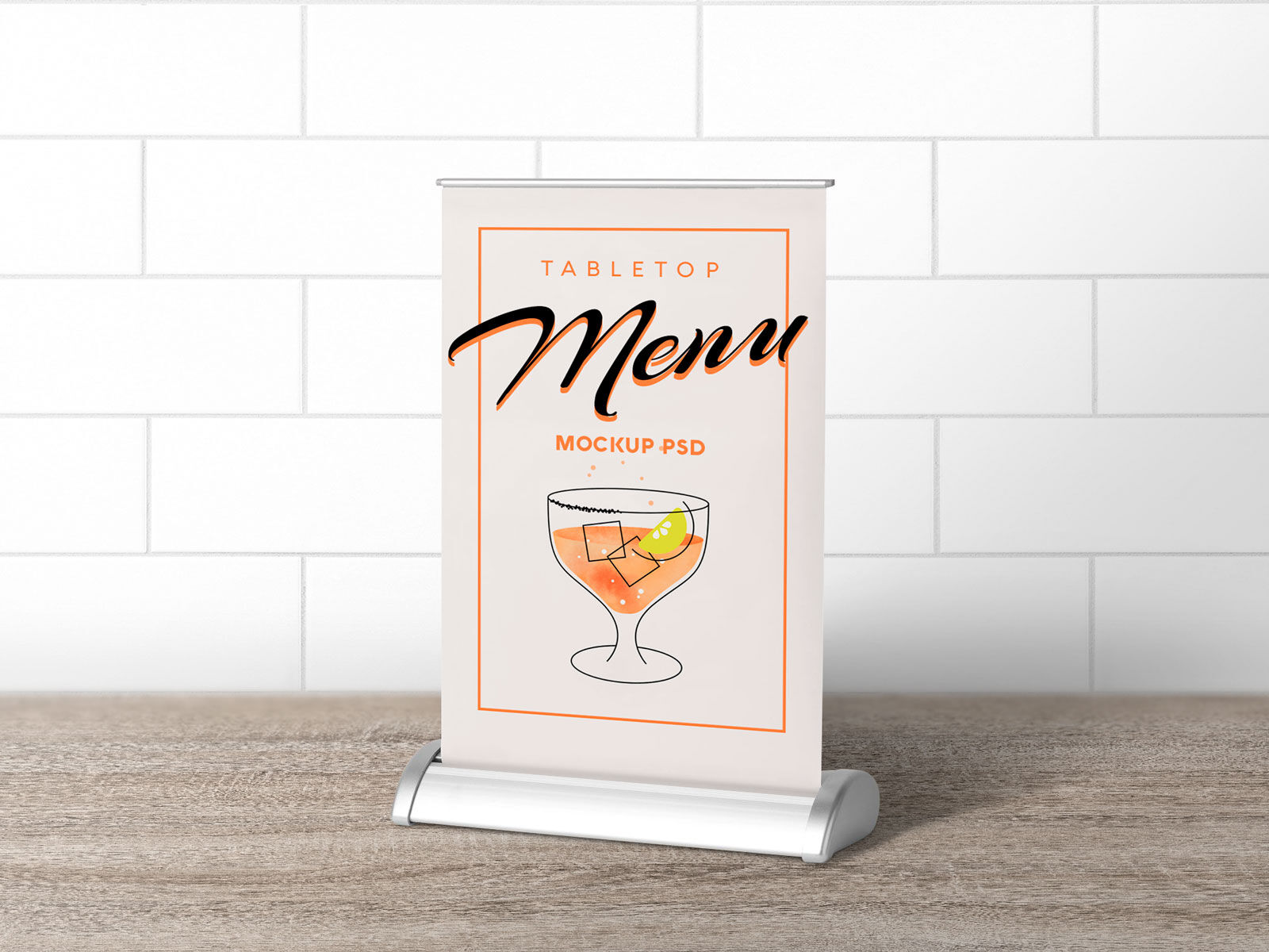 Silver Color Tabletop Menu Mockup on Wooden Table