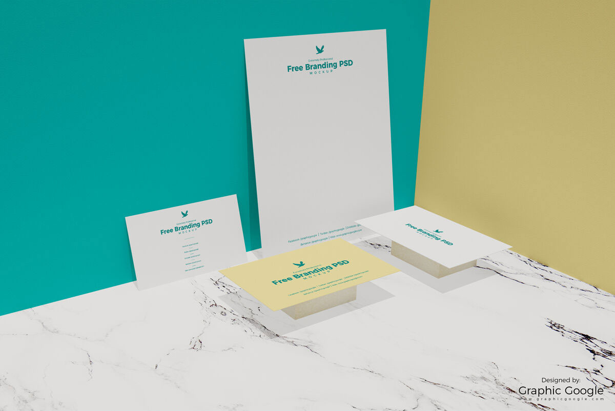 Branding Mockup of 3 Business Cards and a Paper Sheet preview