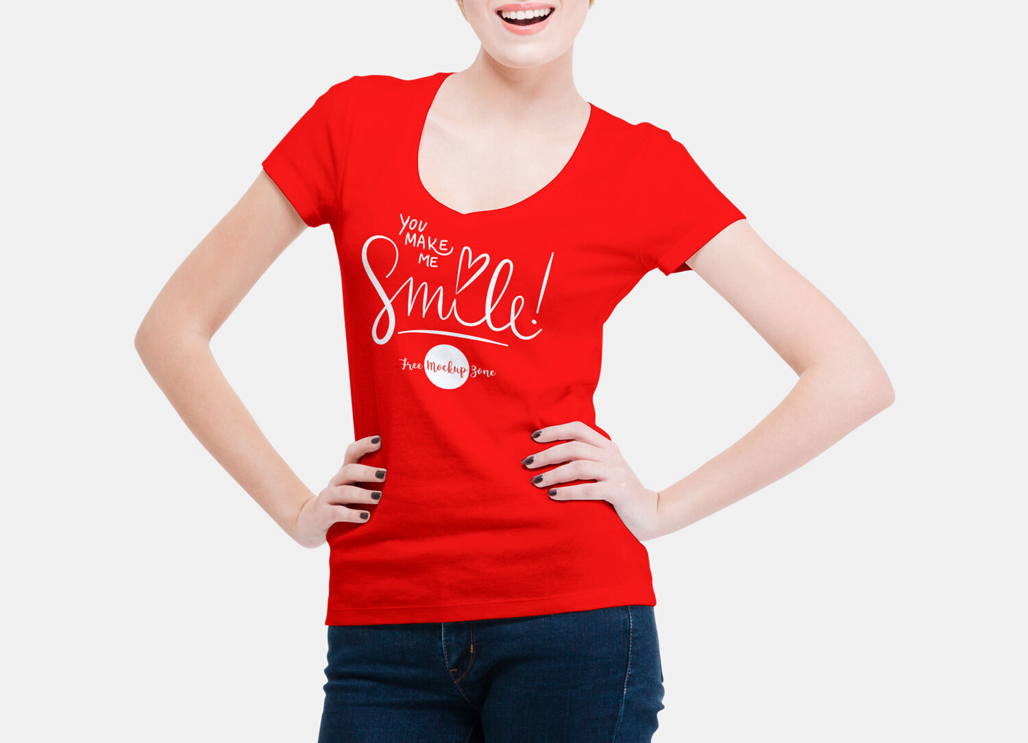 Front View of Smiling Woman Wearing V Shape T-Shirt Mockup