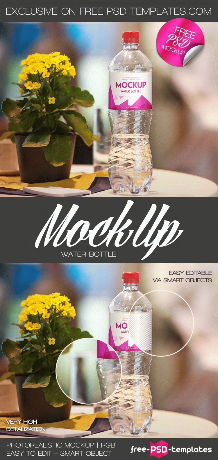 Water Bottle Label Mockup Next to a Flower
