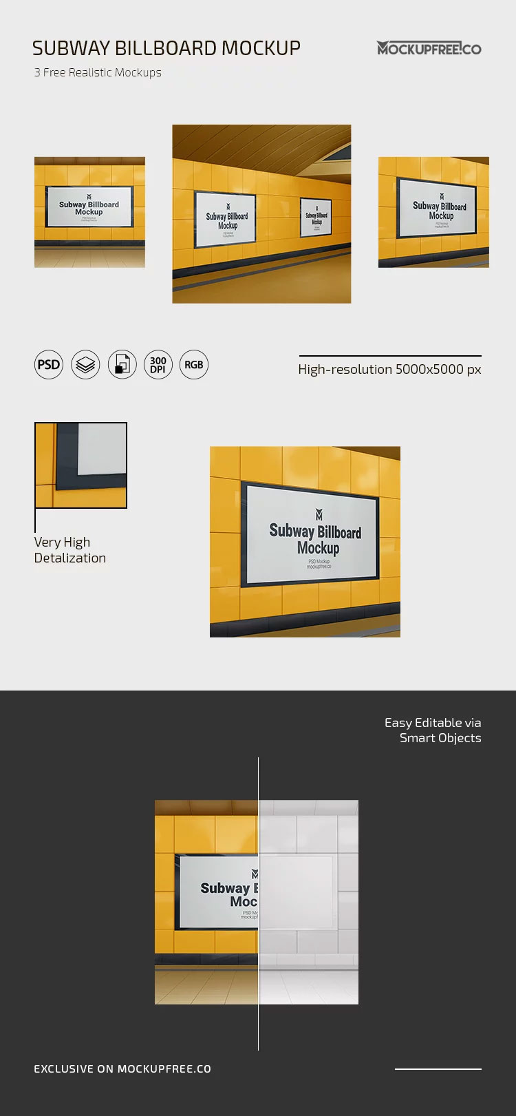 Subway Billboard Mockup in 3 Views