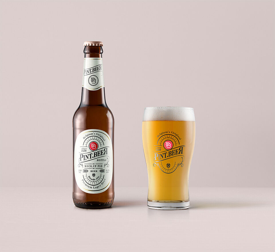 Amber Beer Bottle with a Pint Glass Mockup preview