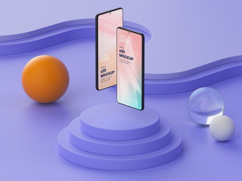 Mockup Showing Two Samsung Galaxy S20 Floating Above Circular Stand