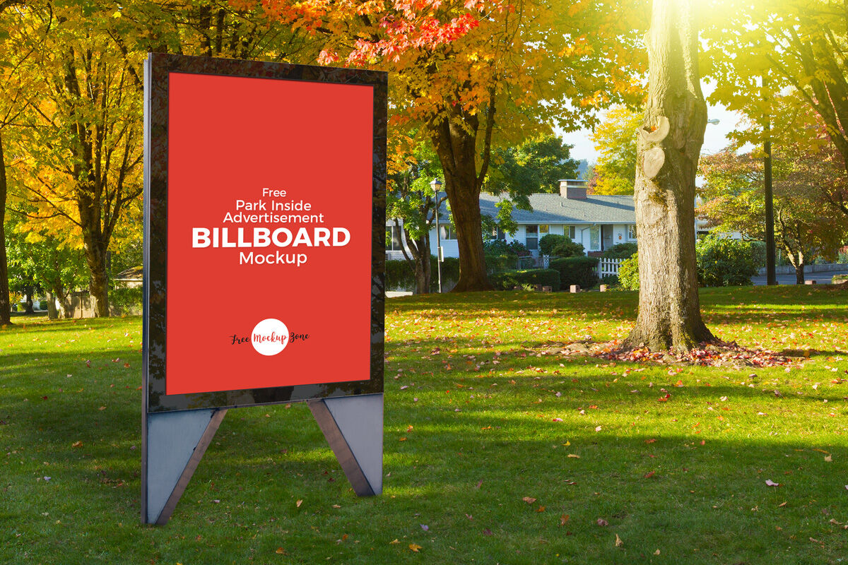 Park Inside Advertisement Billboard with Triangle Shape Stands Mockup preview