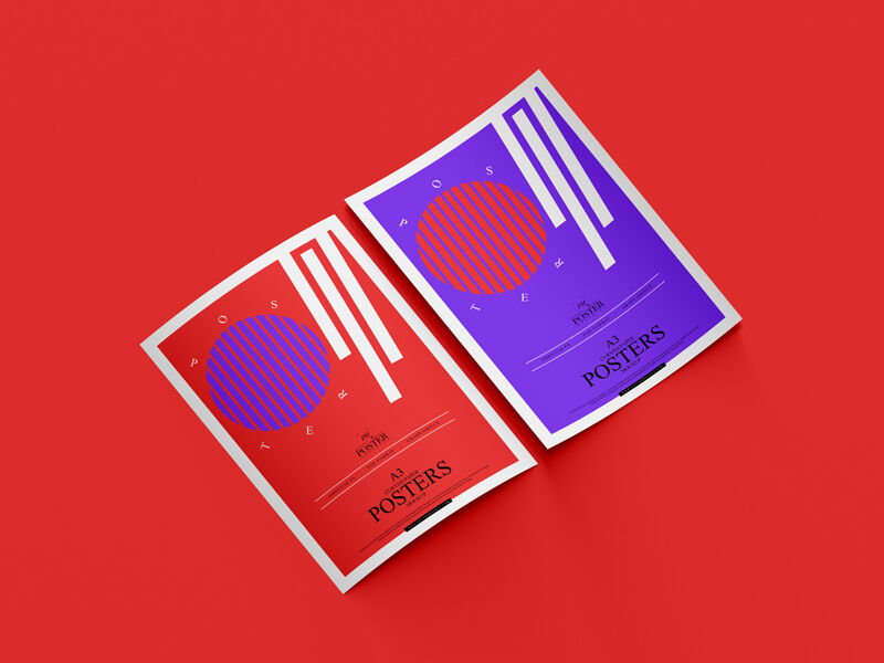 Two Curved Posters Mockup on a Red Background