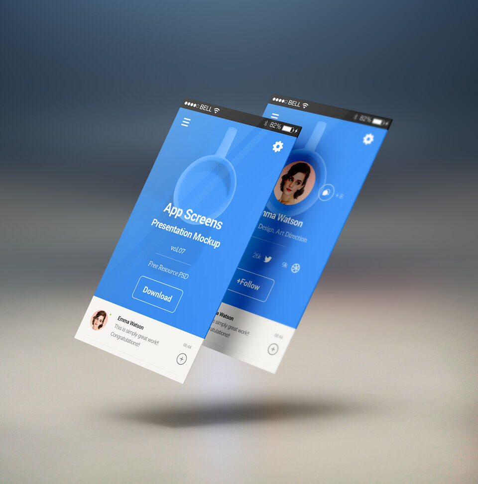Two Floating Perspective App Screens Mockup preview
