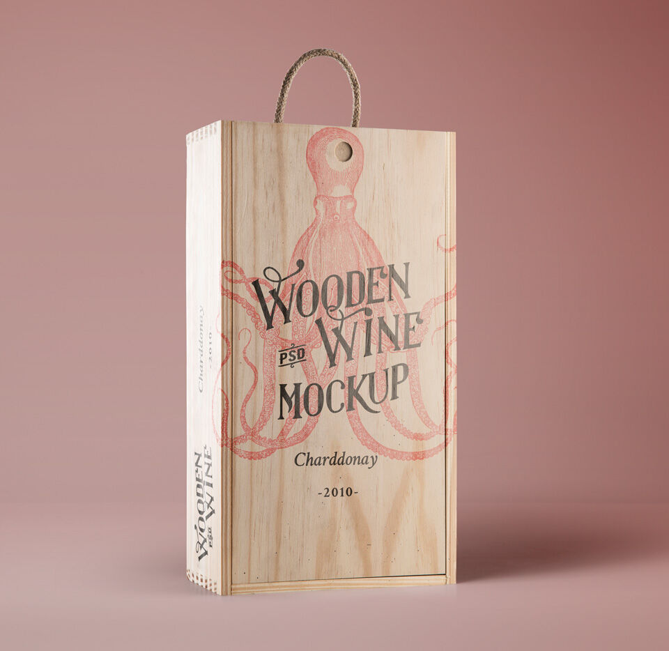 Mockup Displaying Wine Vertical Wooden Box