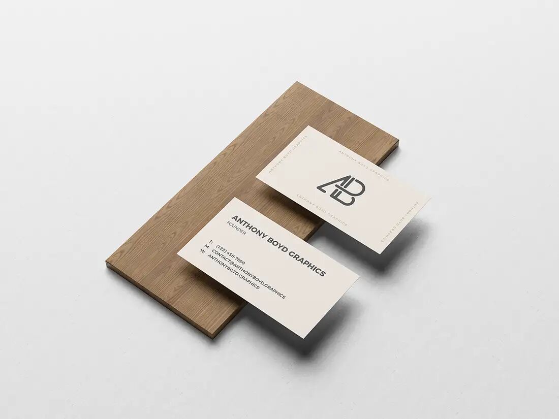 Business Card on Wooden Board Front and Back Mockup