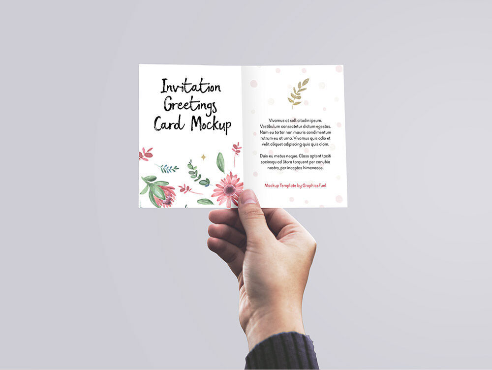Invitation Greeting Card Grabbed by Hand Front View Mockup