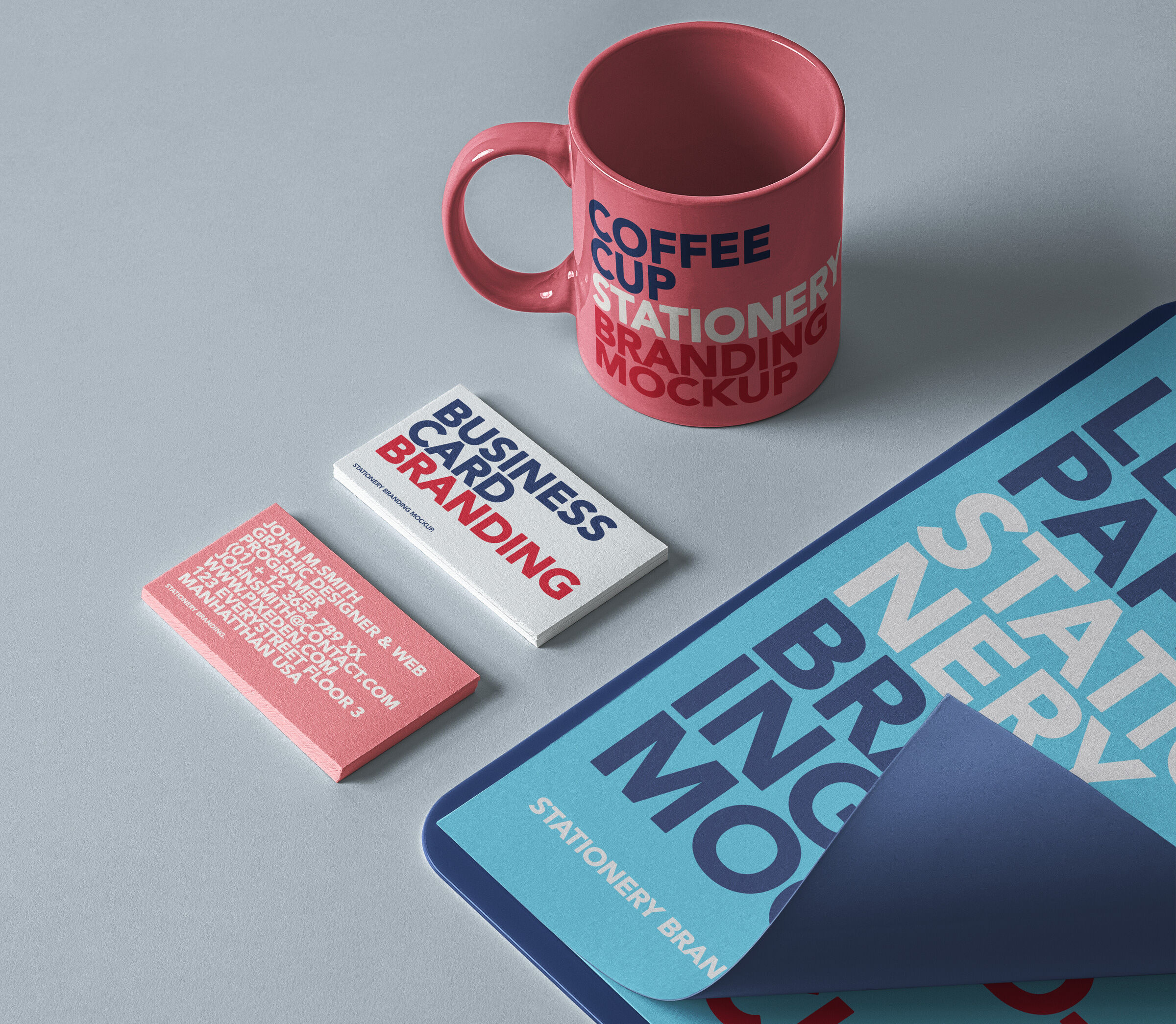 Stationery Branding Mockup Showing Two Business Cards, Mug and Cardboard preview