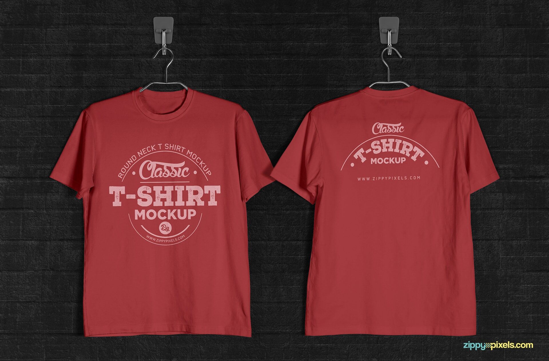 Front and Back View of Round-Neck T-Shirts on a Clothe-Hanger Mockup