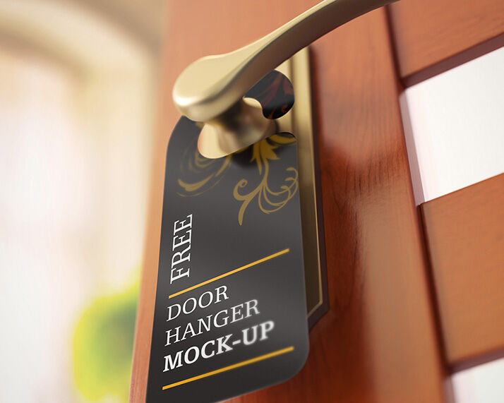 Door Hanger on a Wooden Door Mockups