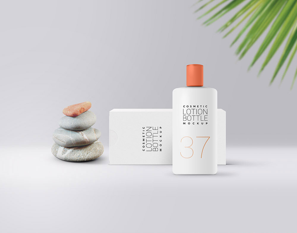 Mockup of a Cosmetic Lotion Bottle in Front of Its Box preview