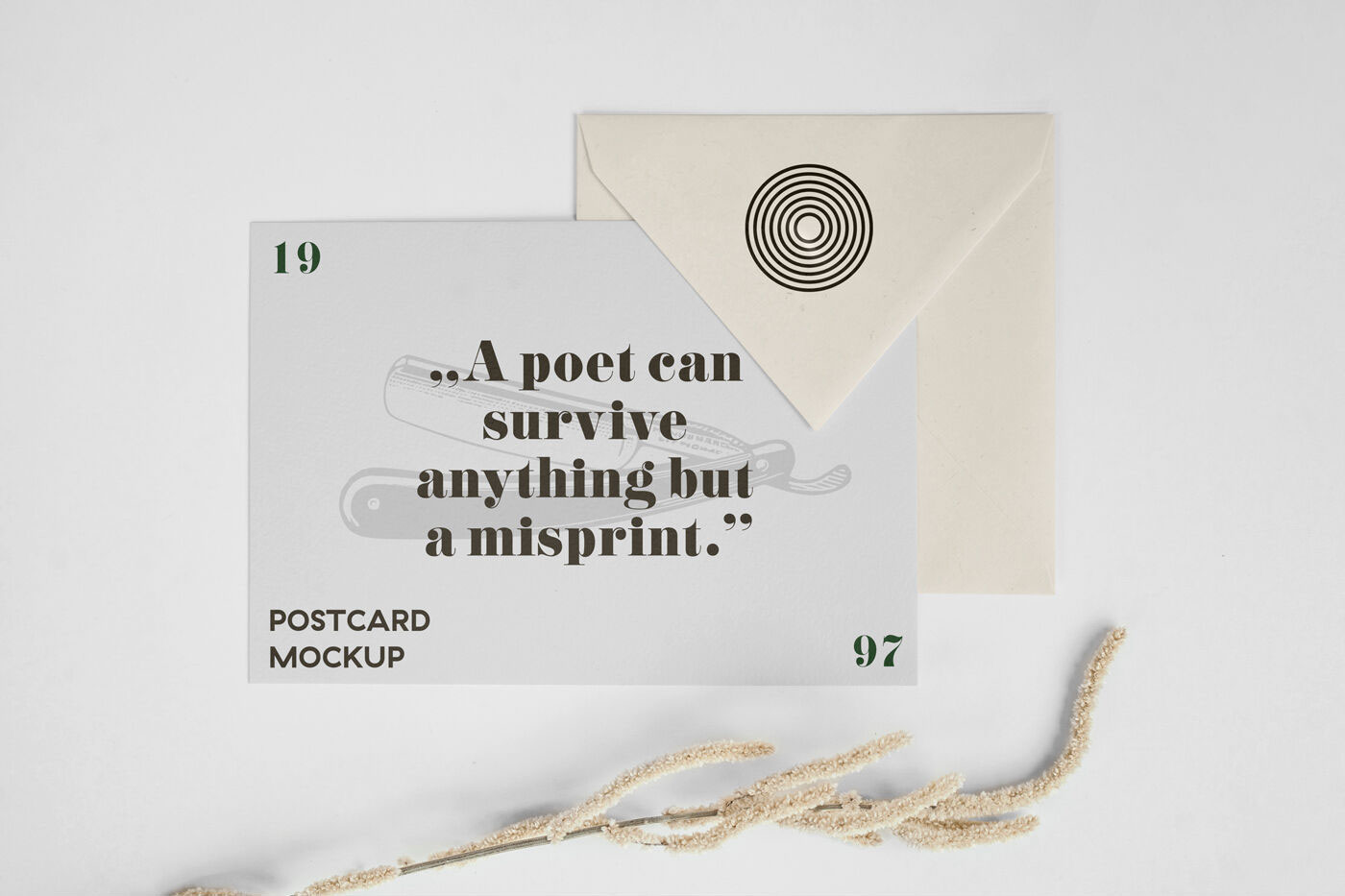 Minimal Horizontal Postcard and Envelope Top View Mockup preview