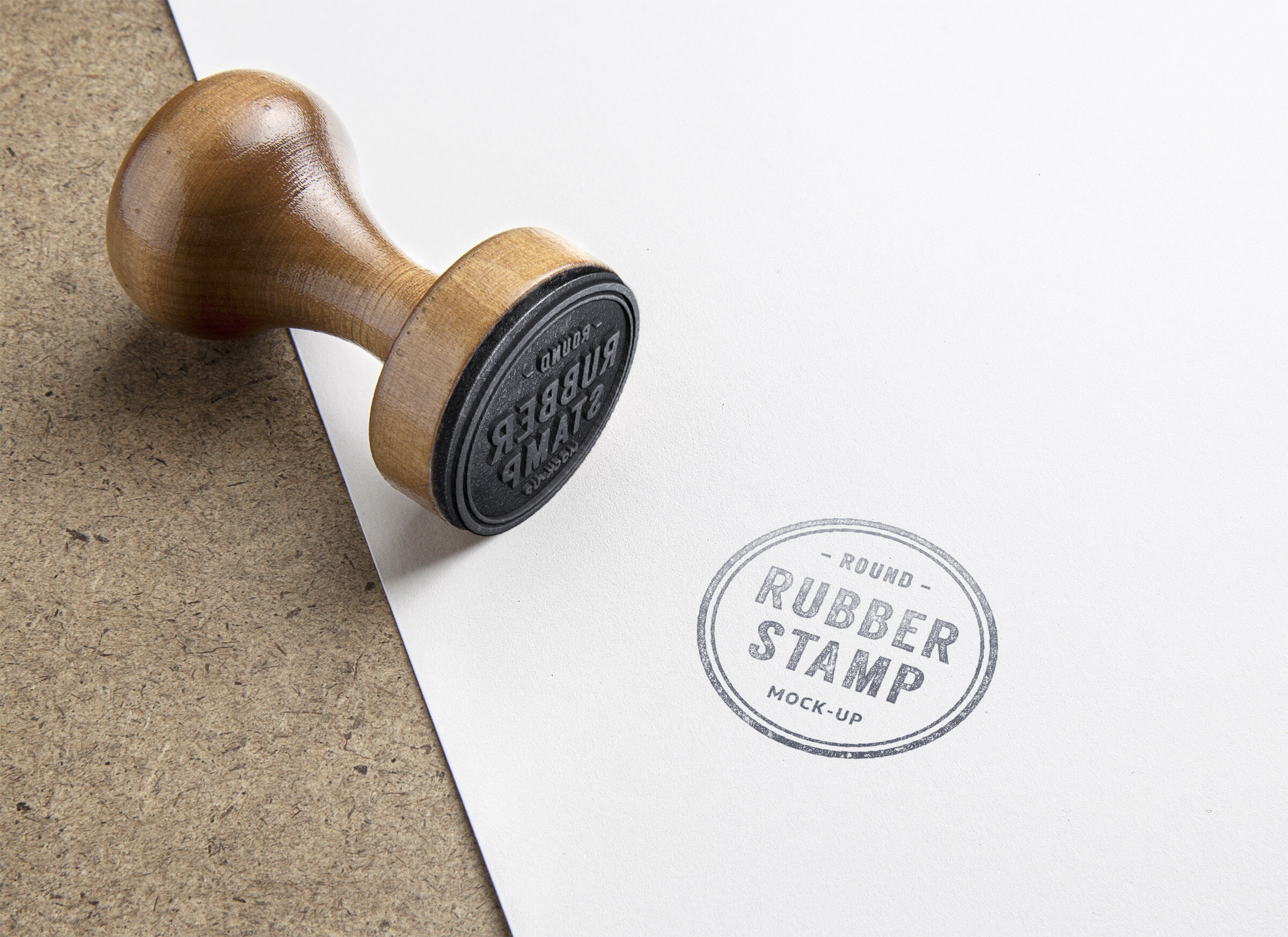 Mockup Featuring Rubber Stamp and Marked Paper on Wooden Texture