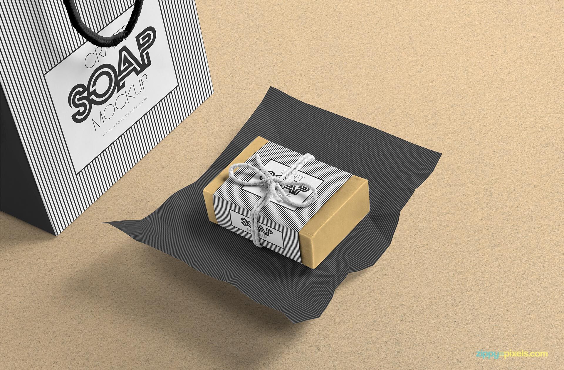 Soap Bar Along with Shopping Bag in Perspective Mockup