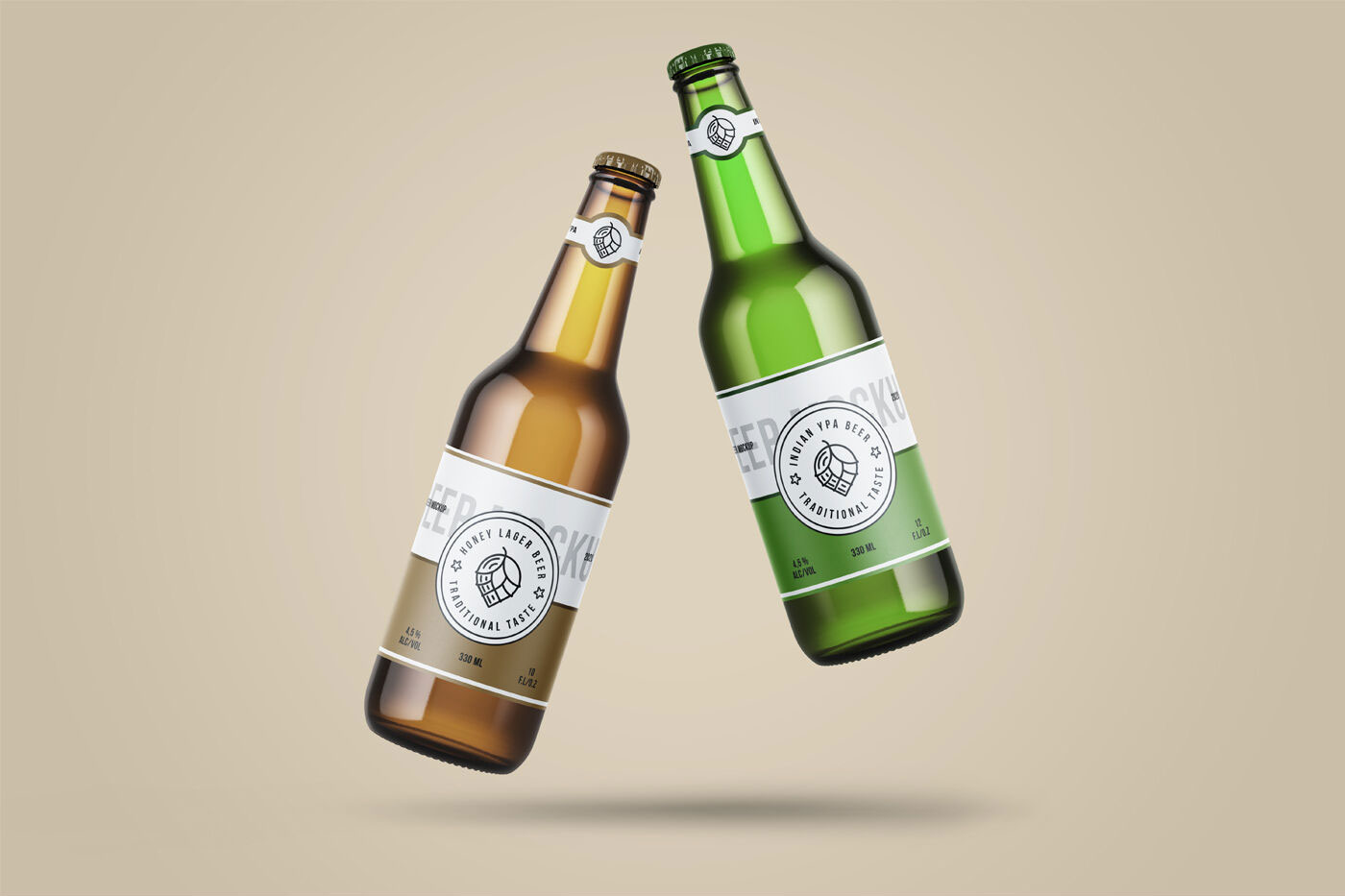 a Pair of Classic Levitating Beer Bottle Mockup