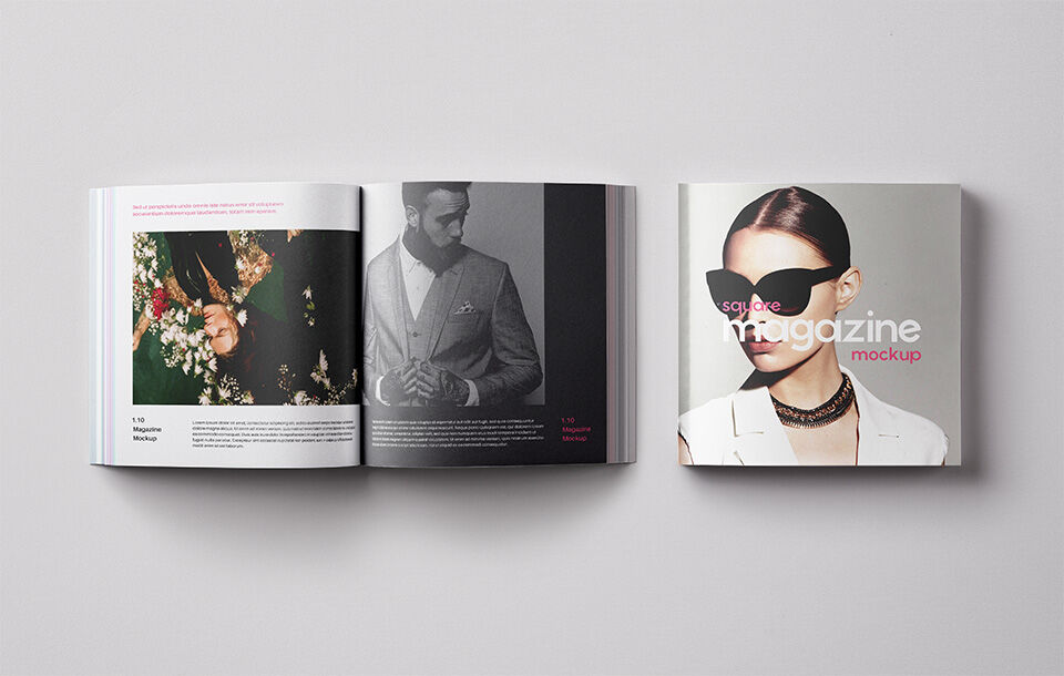 Mockup Showcasing Overhead View of Cover and Inner Pages of Square Magazine