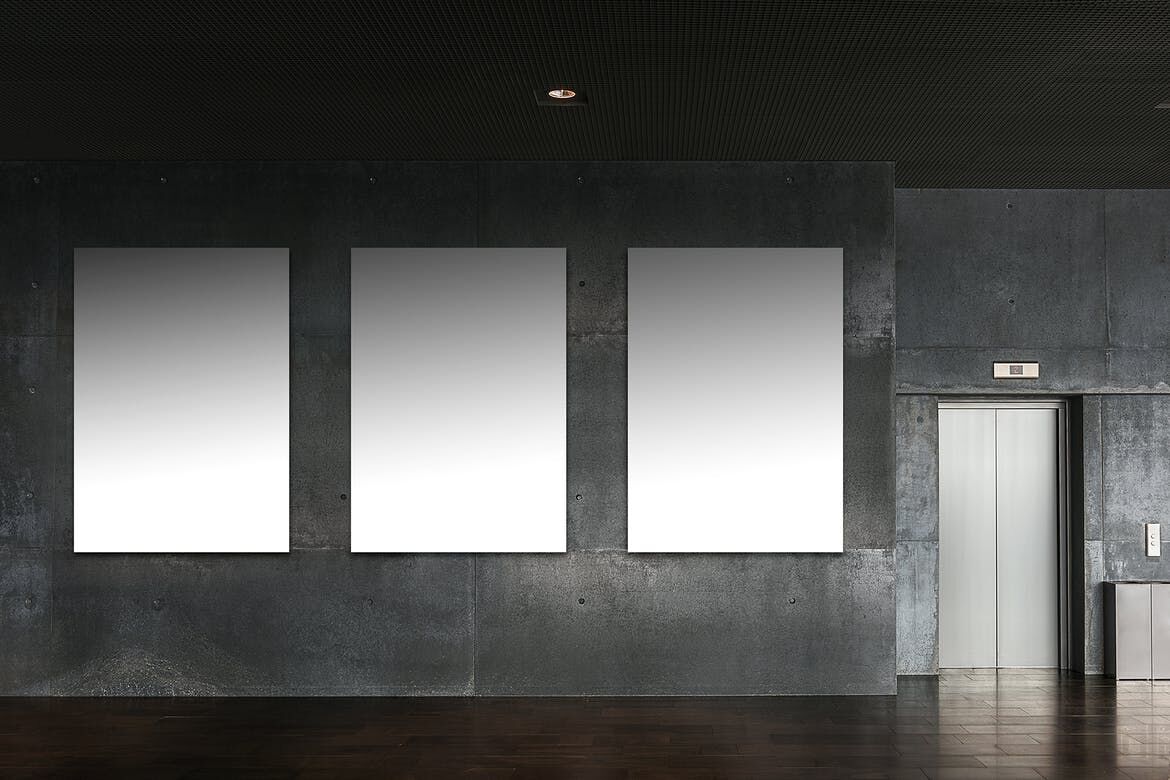 Indoor Scene Mockup Showing Three Billboards Attached to a Wall