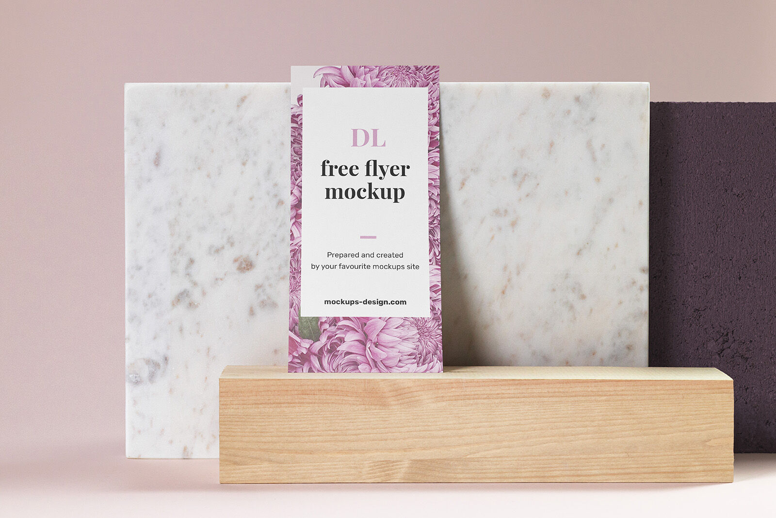 DL Flyer Standing on Wood Against the Marble Mockup preview