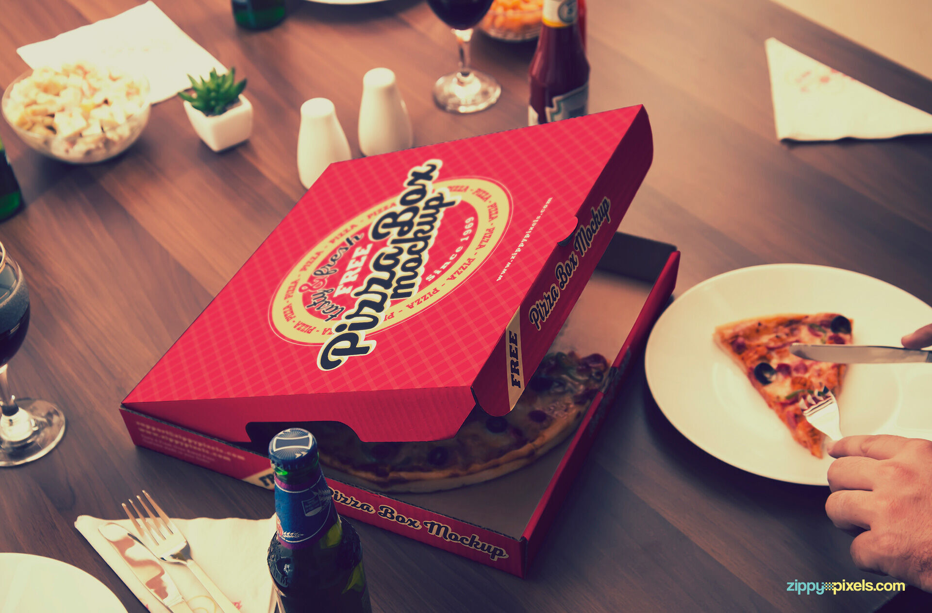 Open Pizza Box Mockup on Arranged Table