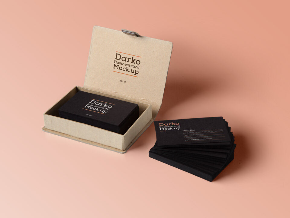 A Stack Of Business Cards Mockup Along With Cardboard Box