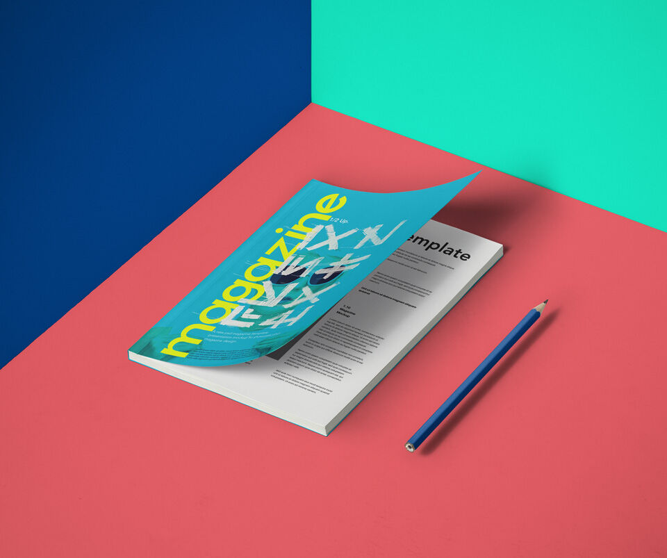 A5 Magazine Inside and Cover View Beside a Pen Mockup