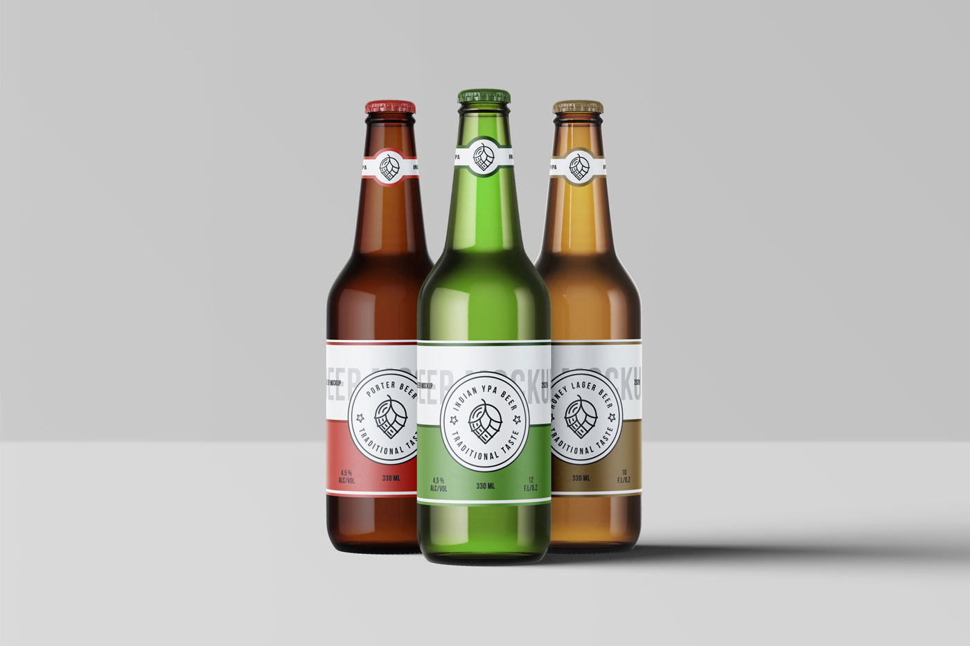 Mockup Featuring Three Beer Bottles