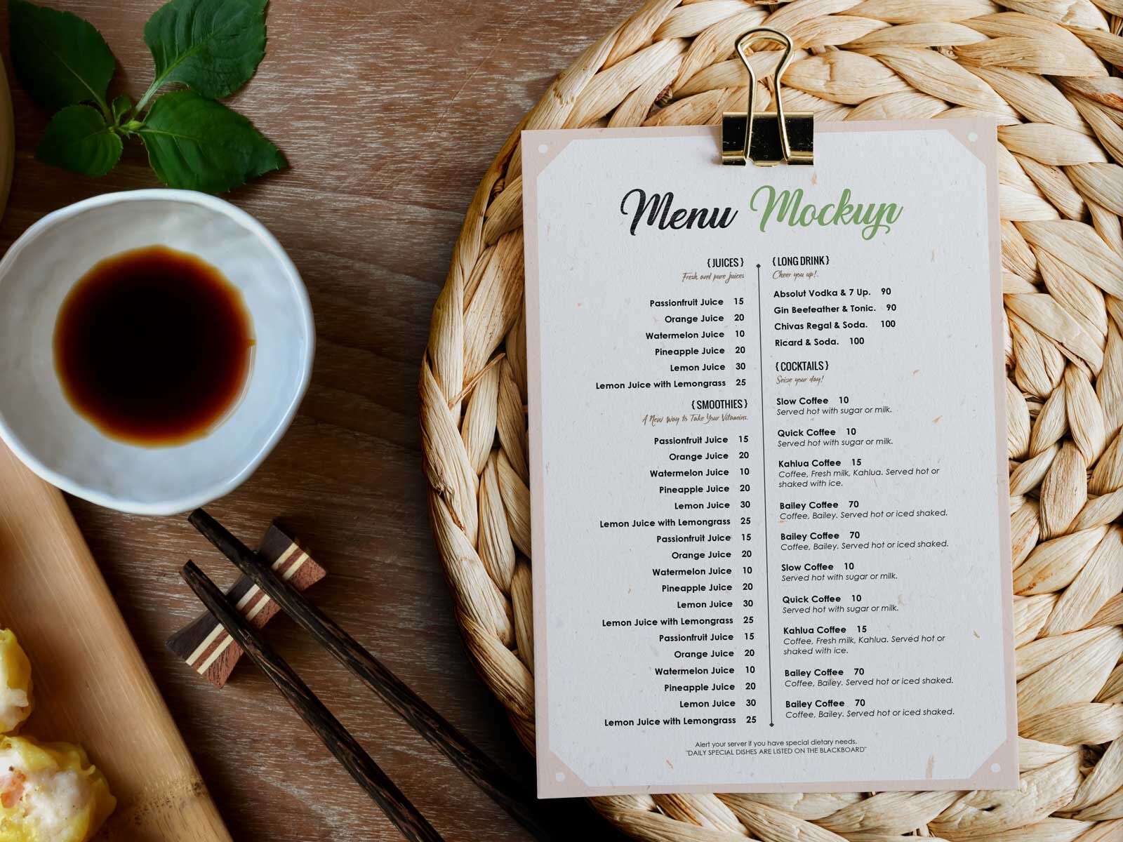 Mockup of a Restaurant Menu on a Wickerwork
