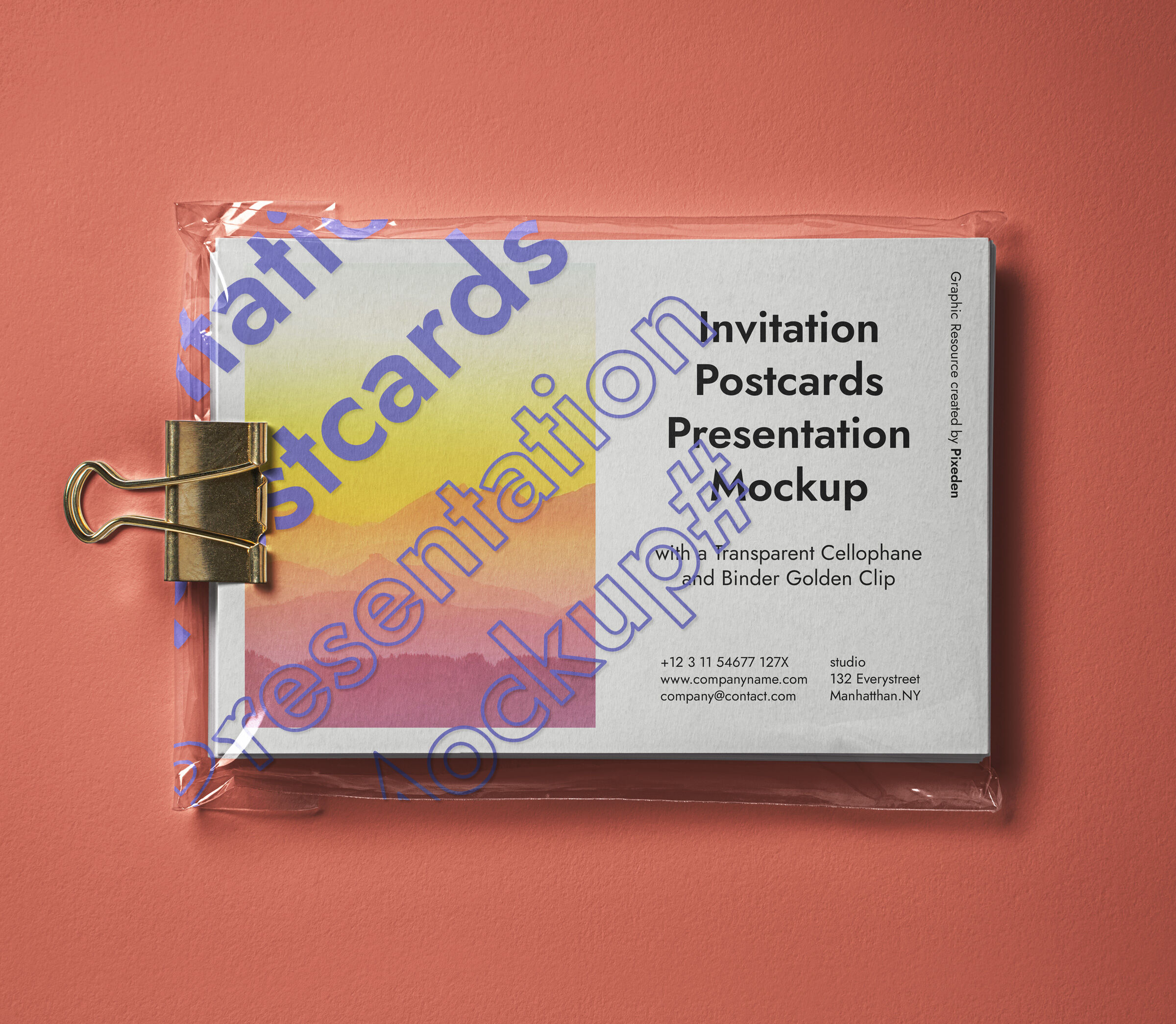 Colorful Postcard Mockup with Binder Clip