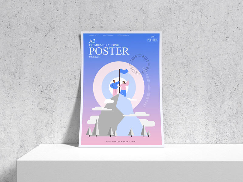 Mockup Featuring A3 Poster on a Shelf Laid Against Wall