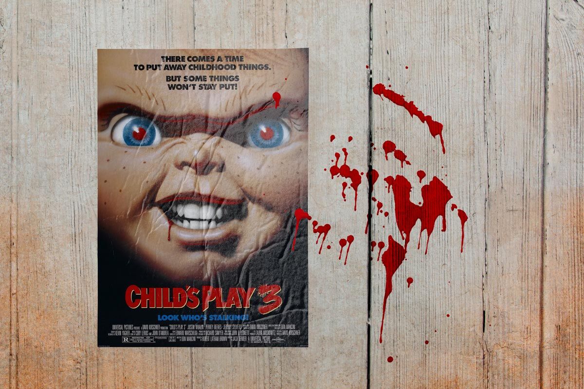 Crumpled Horror Movie Poster Mockup on the Wall