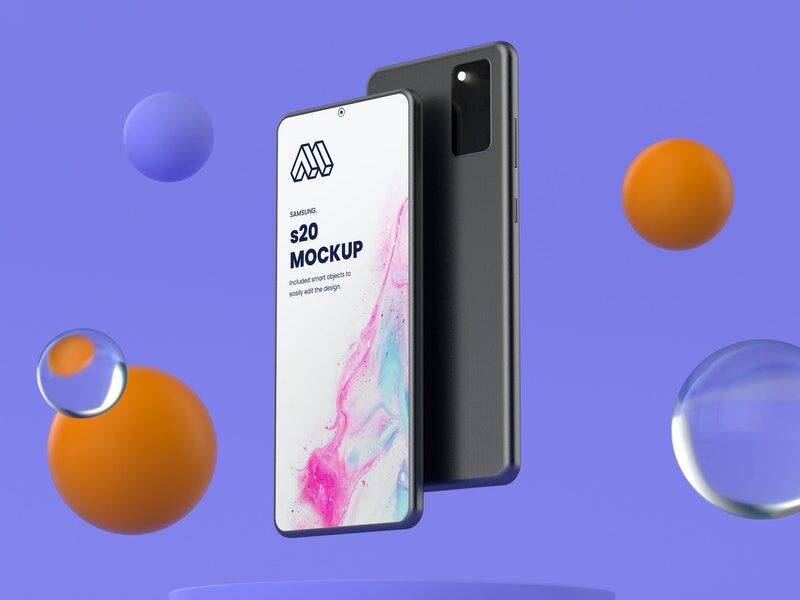 Mockup Showing Two Floating Samsung S20 Surround with Balls