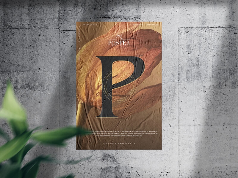 Mockup Displaying Glued Paper on Concrete Wall with Blurry Guy and Plant
