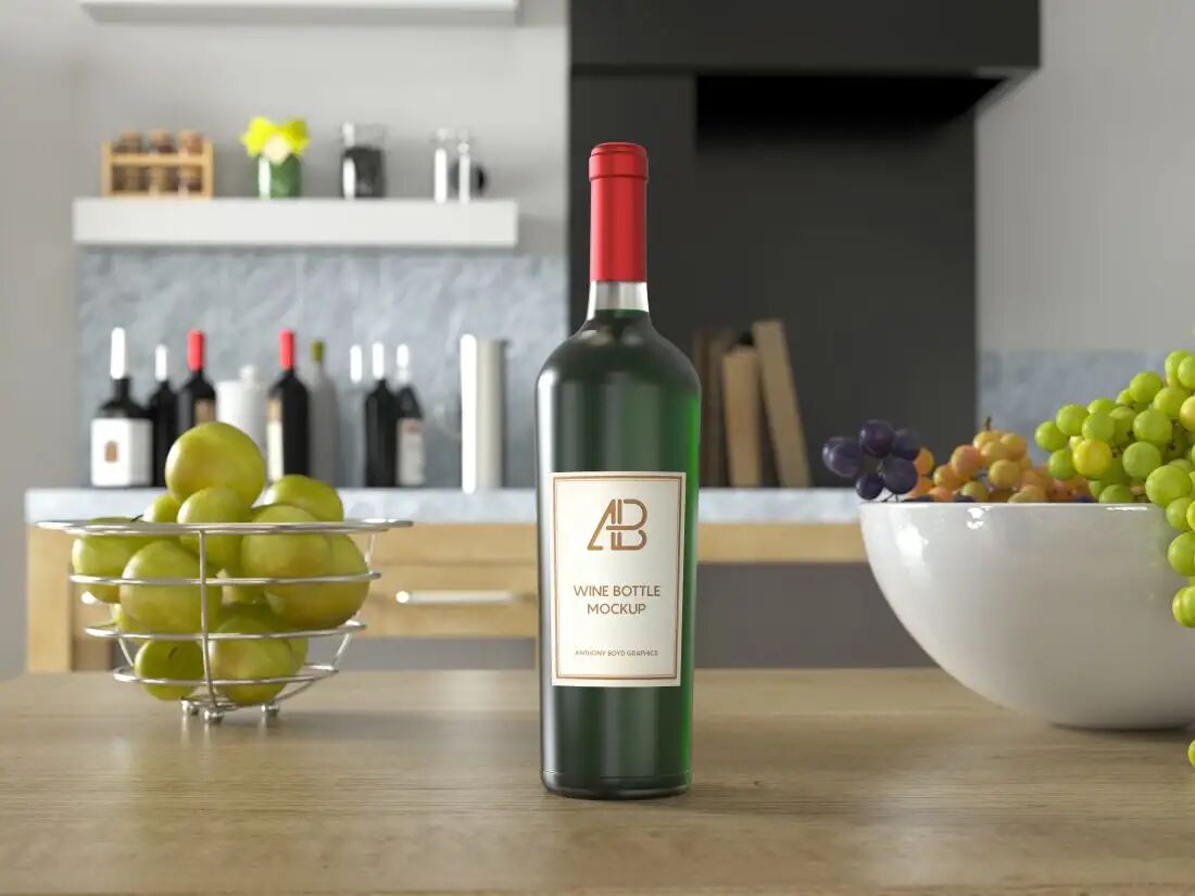 Wine Bottle Package and Branding Model on Kitchen Setting Mockup