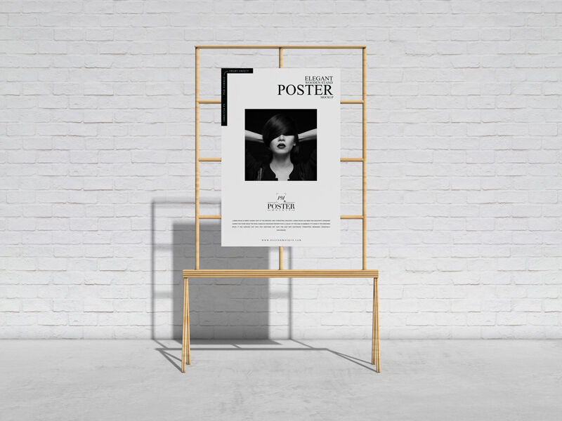 Elegant Wooden Stand Poster Mockup With Brick Wall Background