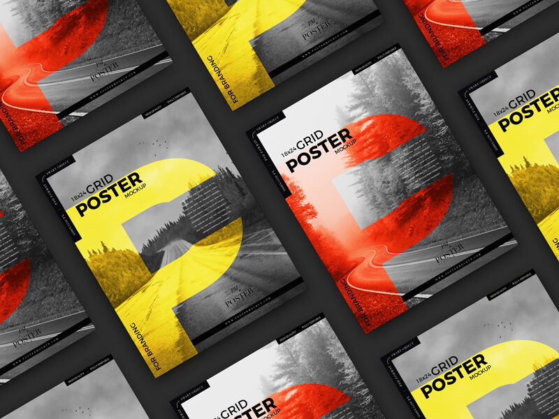 Grid Poster Mockup From Top View preview