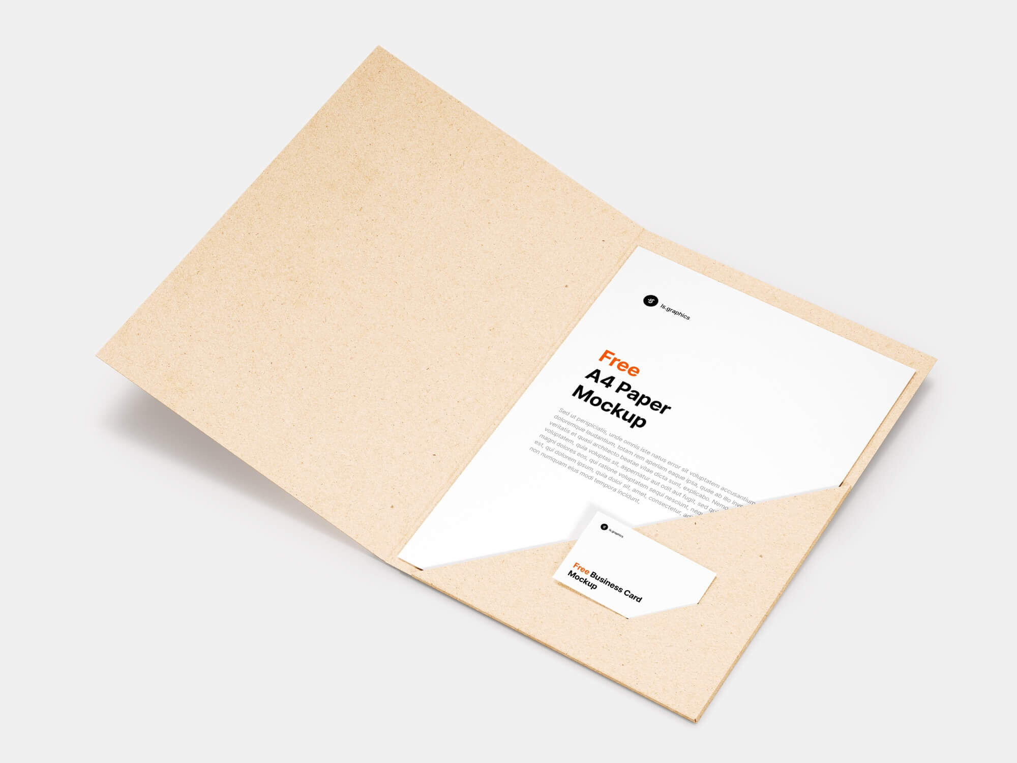 A4 Paper and Business Card on an Open Cardboard Folder Mockup