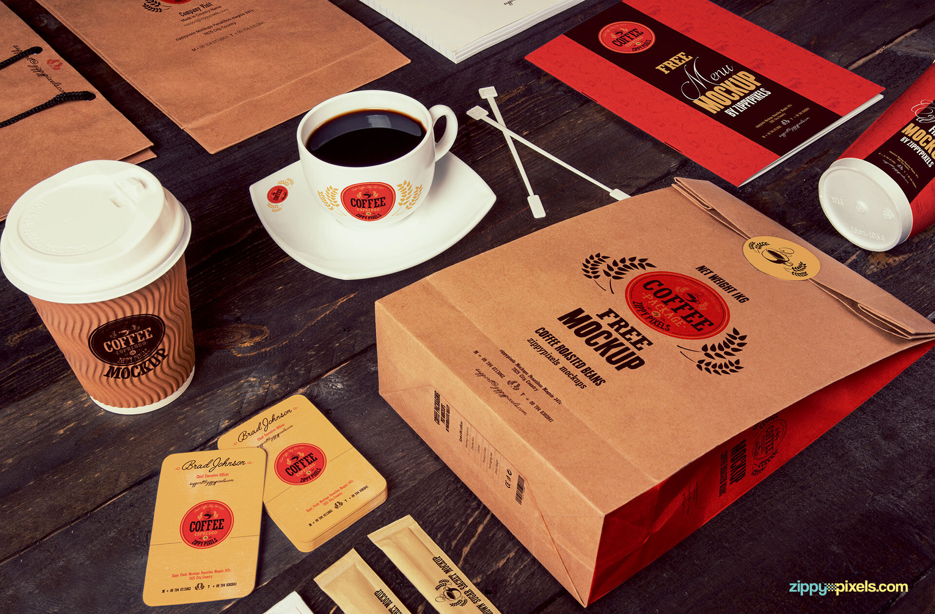Full Package Coffee Branding Mockup with Business Cards
