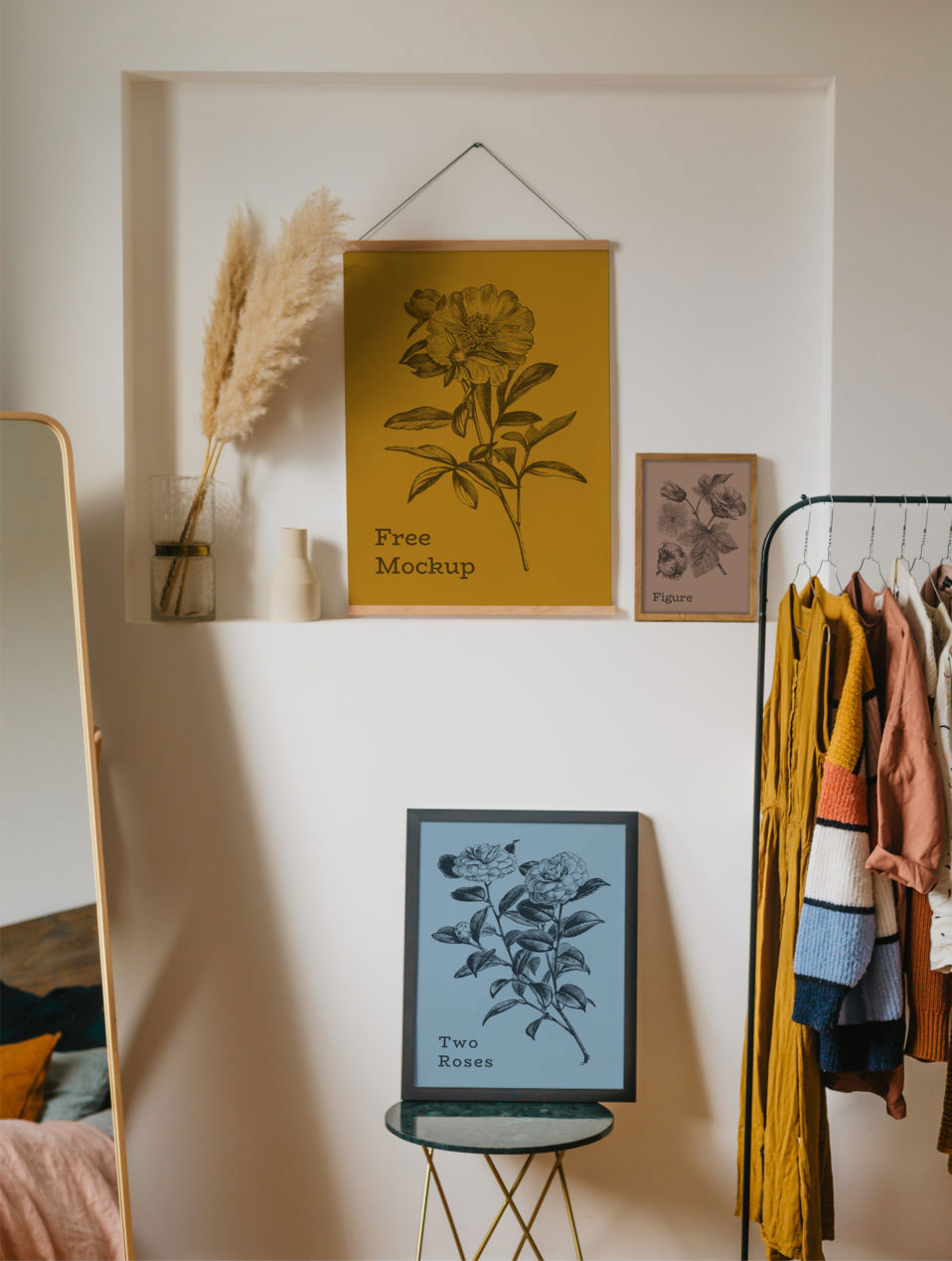 Three Poster Mockups in Three Different Sizes in a Comfy Room