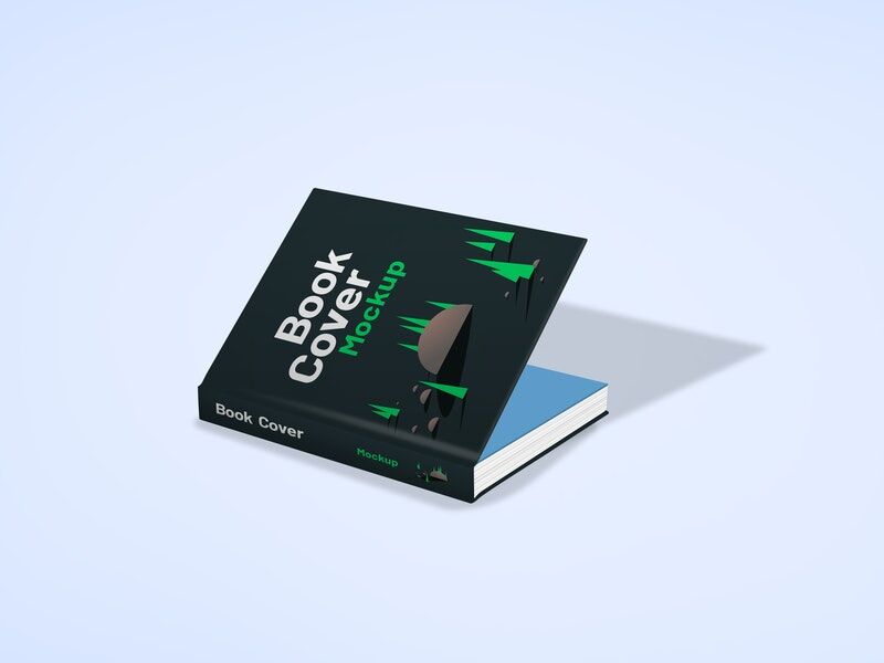 Cover and Spine View of Opened Hardcover Book Mockup