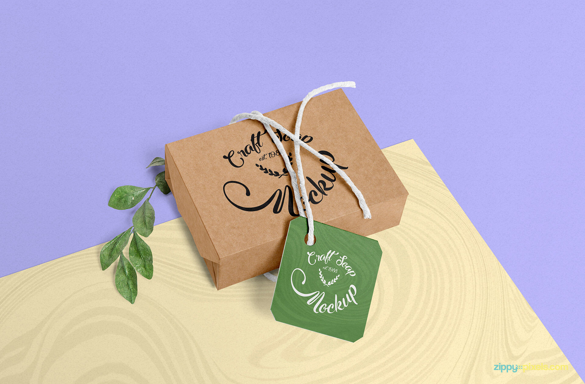 Soap Box with a Tag Laid on a Bifold Background Mockup