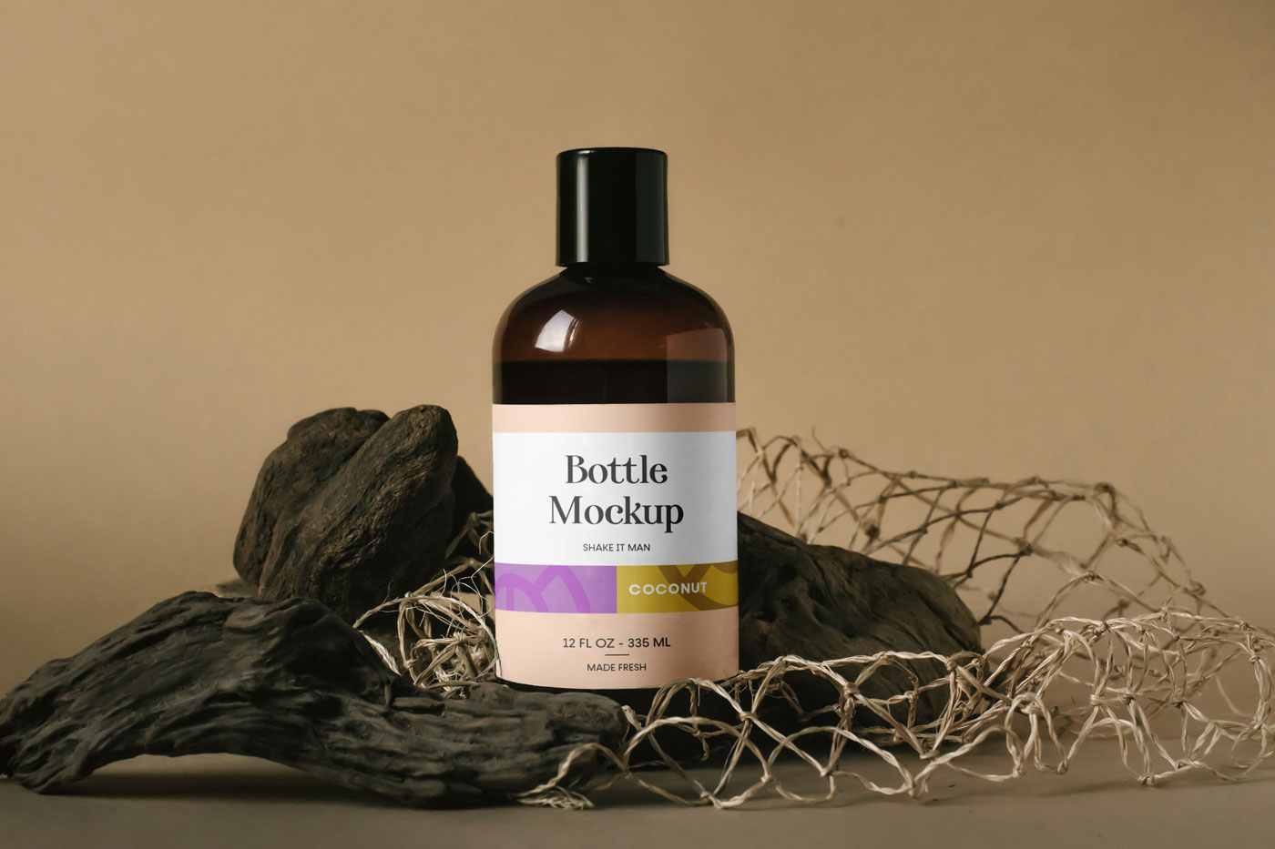 Mockup Showing Big Plastic Bottle in a Scene Decorated with Wood and Net