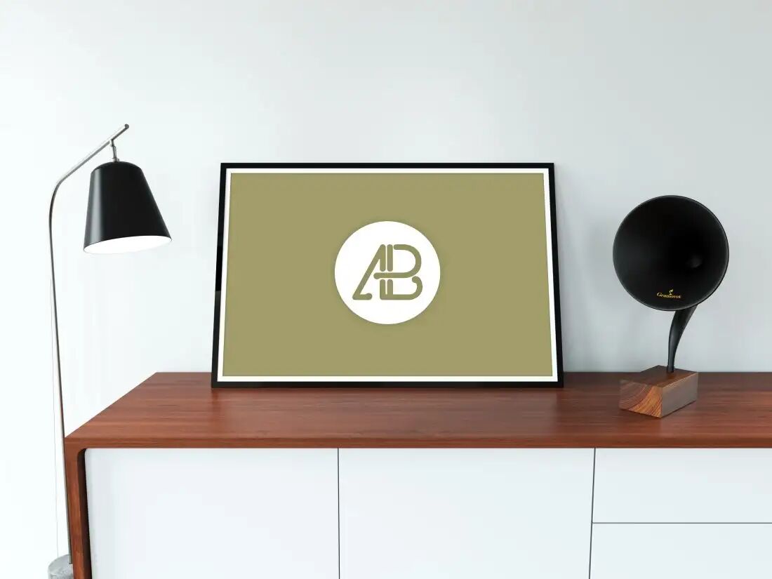 Mockup Showcasing Wide Poster on Wooden Table