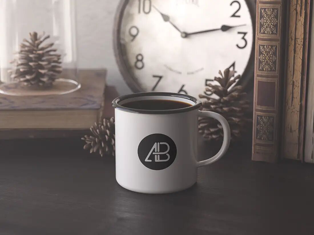 Mockup Featuring Enamel Mug in Front of a Clock and Cones preview