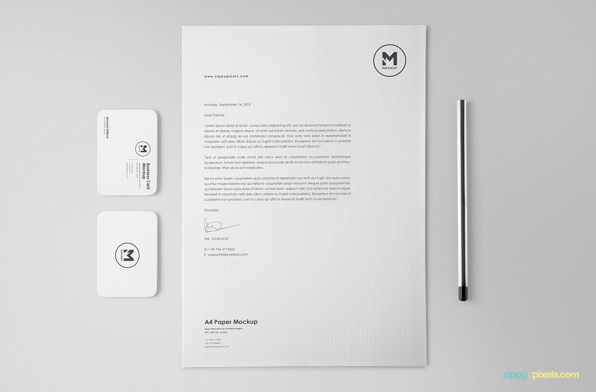Mockup Featuring Two Business Cards and A4 Letterhead Stationery Scene