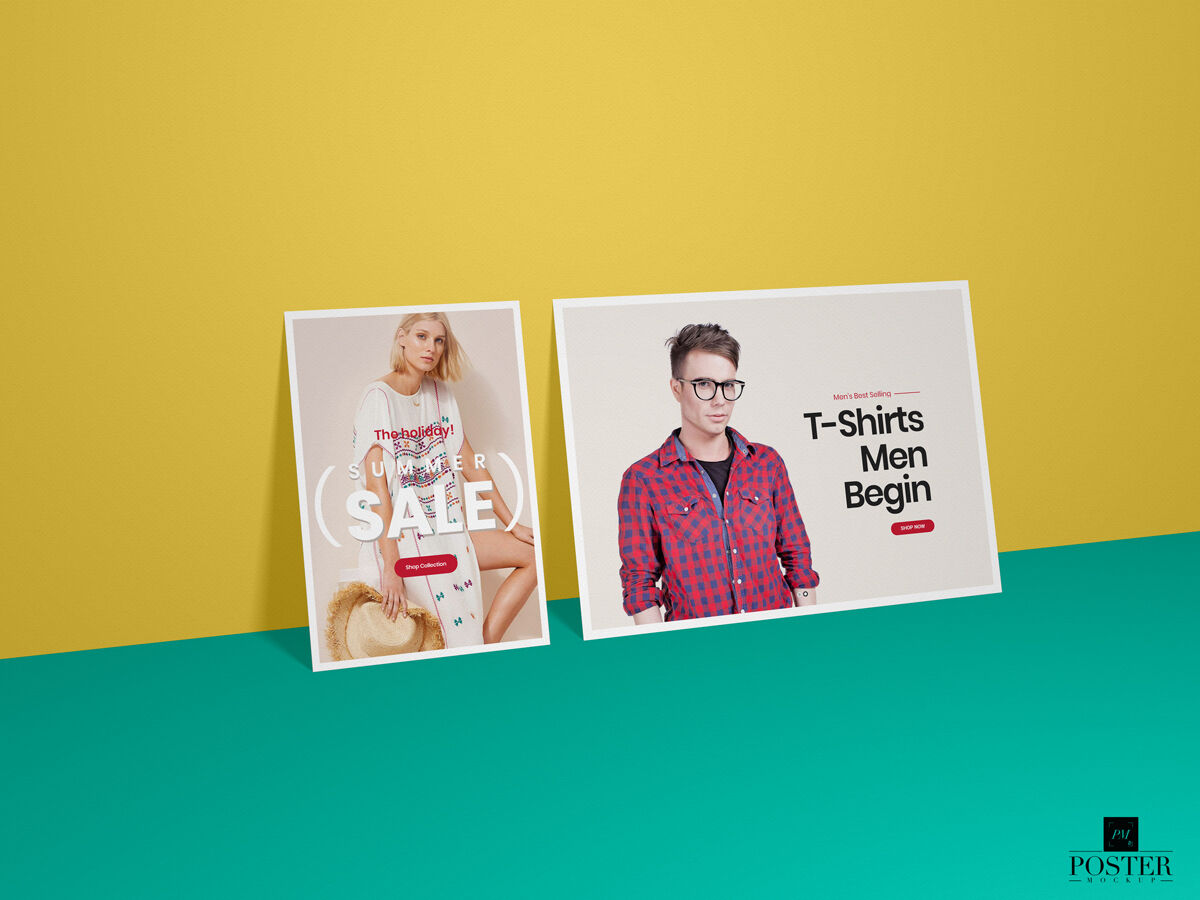 Mockup Showcasing Portrait and Landscape Posters Against Wall